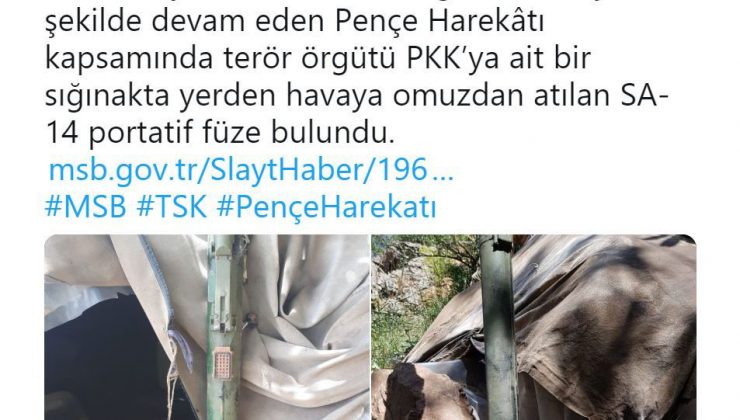 Pençe Harekatı’nda PKK sığınağında ‘portatif füze’ ele geçirildi