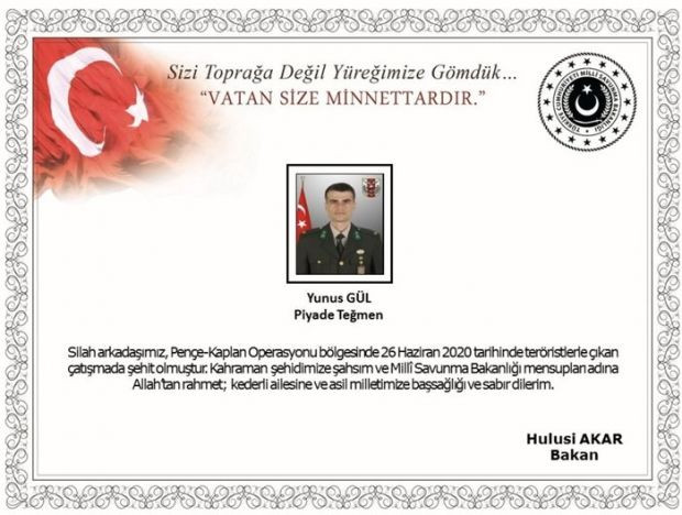 Pençe-Kaplan Operasyonu bölgesinde bir askerimiz şehit oldu