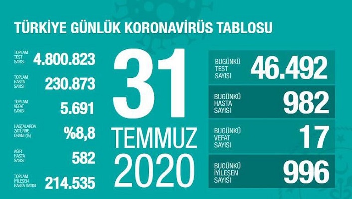 Türkiye’de koronivirüs vaka sayısı 230 bin 873 sayısı 5 bin 691 oldu