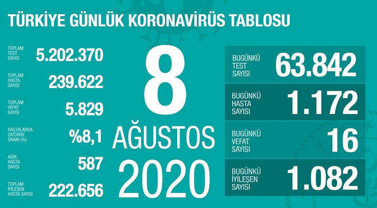 Türkiye’de koronavirüs vaka sayısı 239 bin 622 Vefat sayısı 5 bin 826 oldu