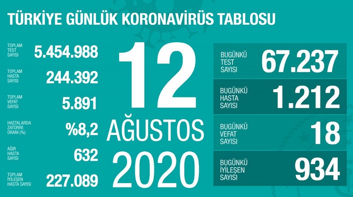 Türkiye’de son 24 saatte 1212 kişiye Kovid-19 tanısı konuldu, 18 kişi hayatını kaybetti, toplam vaka sayısı 244 bin 392, can kaybı 5 bin 891 oldu