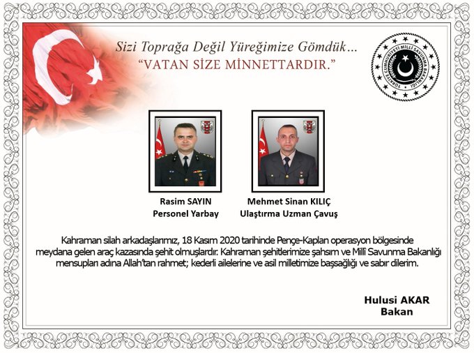 Hulusi Akar’dan şehit askerler için taziye mesajı