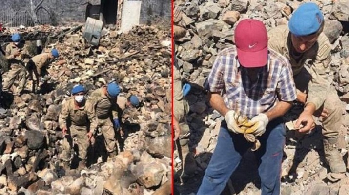 Yangında evi yıkılan vatandaş istedi, Mehmetçik seferber olup altınları buldu