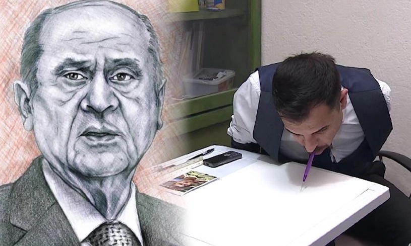 İki kolu olmayan genç ağzıyla MHP Lideri Devlet Bahçeli’nin resmini çizdi