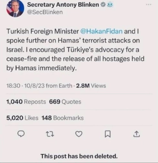 Blinken önce Türkiye’den “arabuluculuk” istedi sonra o mesajını sildi!