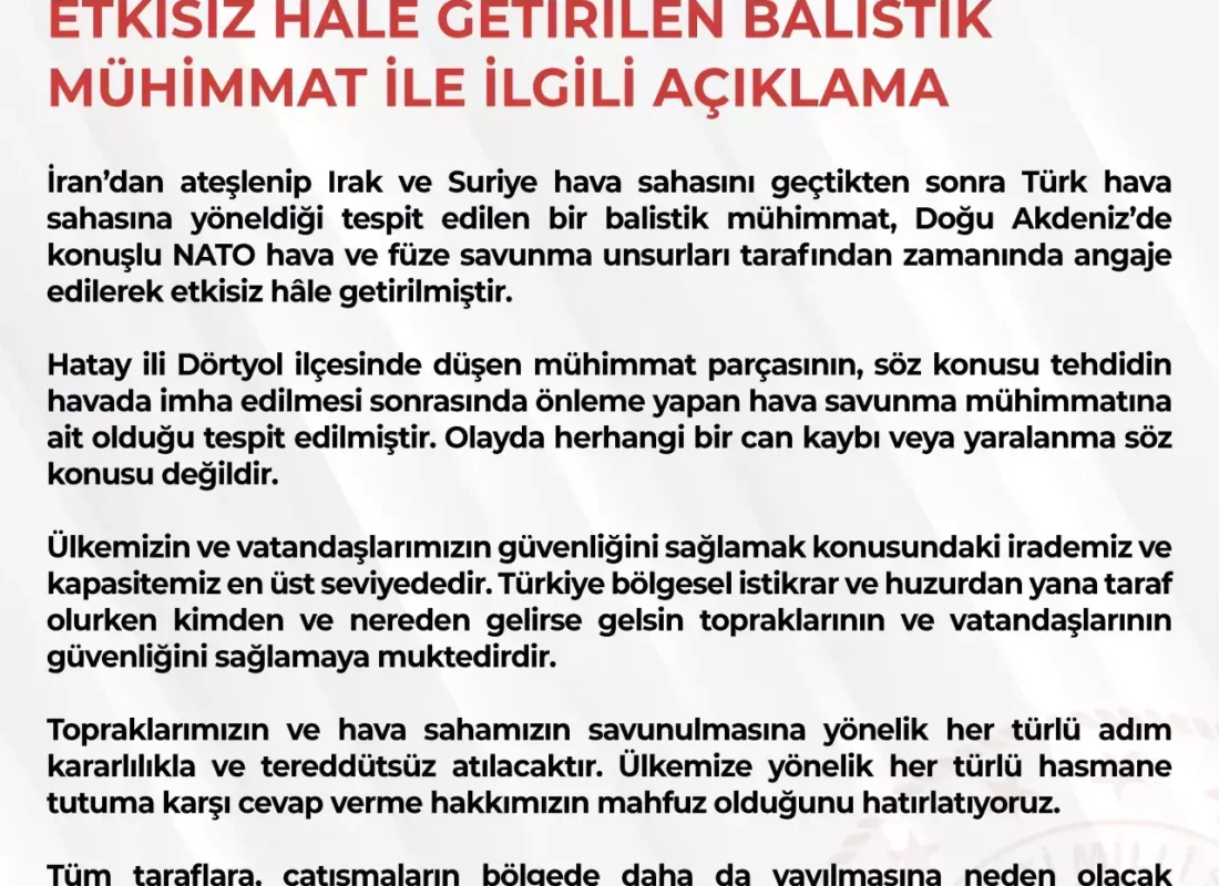 MSB: İran’dan Gelen Balistik Füze İmha Edildi