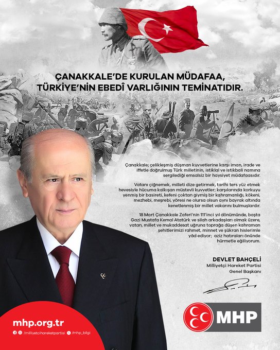 Başkurt Devlet Bahçeli’den Çanakkale Zaferi’nin 111. Yıl Dönümü Mesajı