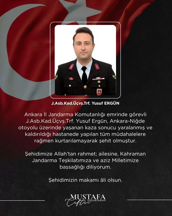 Ankara-Niğde Otoyolu’nda Trafik Kazası: Jandarma Astsubay Üstçavuş Yusuf Ergün Şehit Oldu